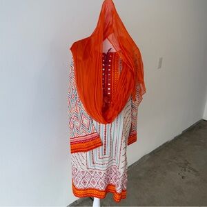 White & Orange Printed Suit with Bright Orange Dupatta